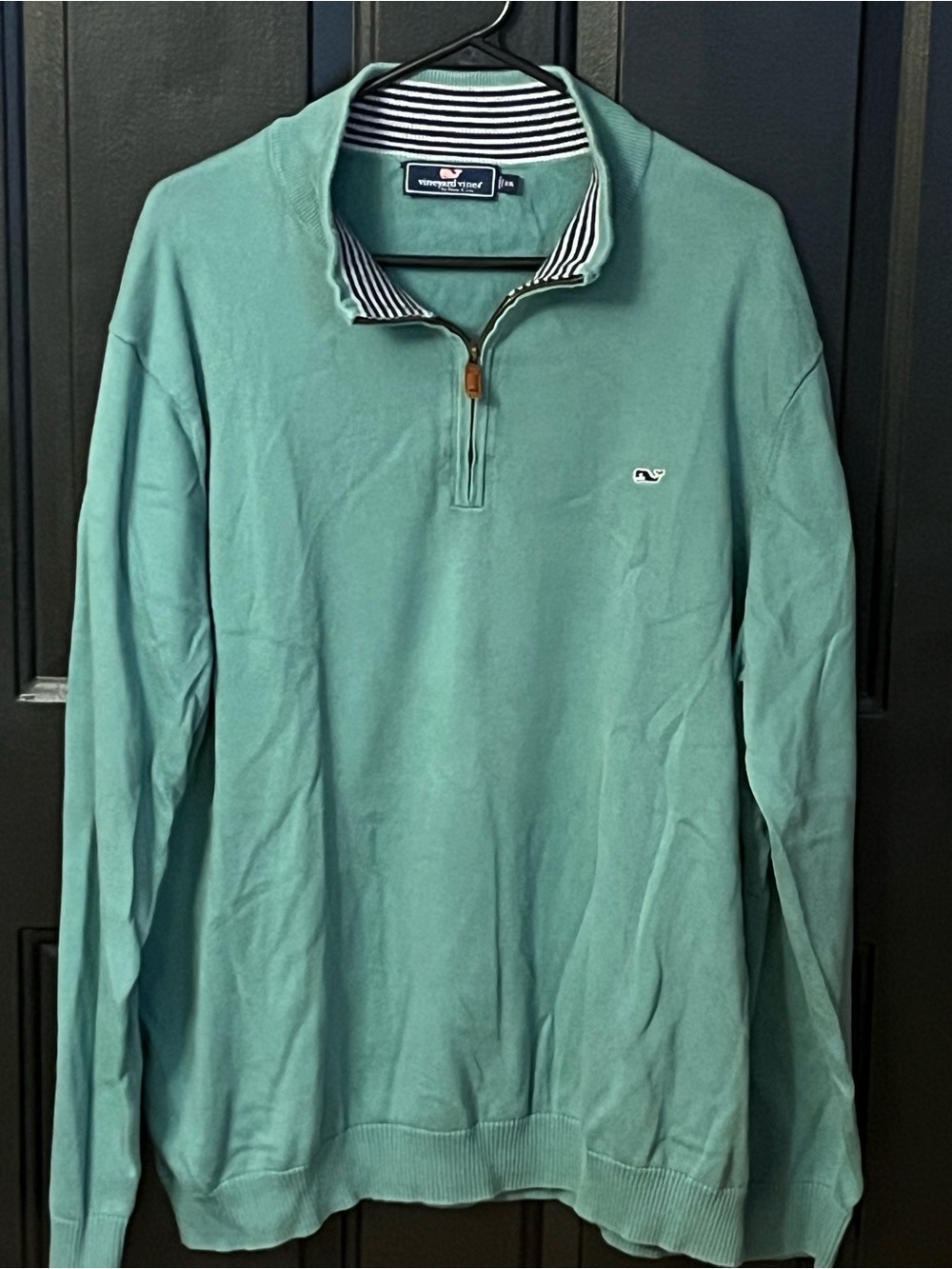 Vineyard Vines Striped Collar Sweater with Pink Whale Logo on Seafoam